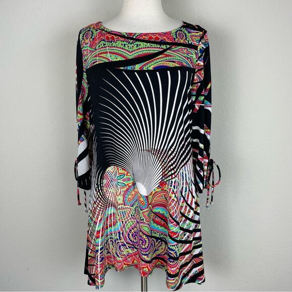 IC by Connie K Black Multi Color Floral Paisley Stretch Knit Top Medium - Picture 1 of 8